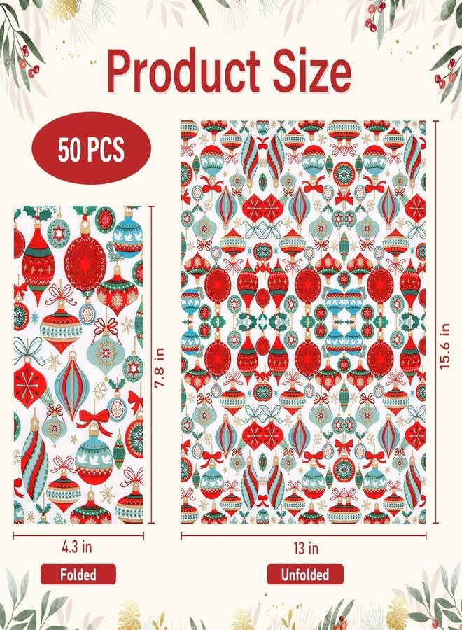 Quera 50 Pack Christmas Paper Napkins Guest Hand Towels Disposable Vintage Lamp Ball Pine Branch Paper Napkins Winter Dinner Hand Napkin for Christmas Winter Holiday Party Supplies, 4.3 x 7.8 Inch - Image 2